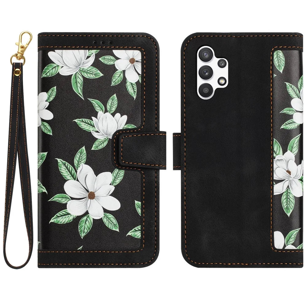 For Samsung Galaxy A13 4G / 5G Card Slots Phone Stand Case PU Leather Flower Pattern Printing Cover - Black - 1