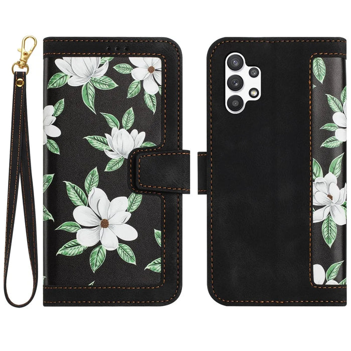 For Samsung Galaxy A13 4G / 5G Card Slots Phone Stand Case PU Leather Flower Pattern Printing Cover - Black - 1