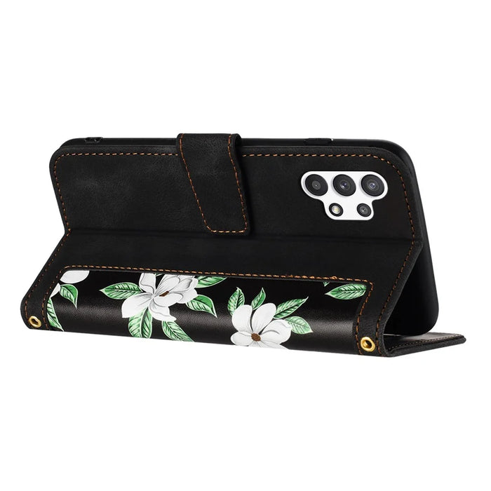 For Samsung Galaxy A13 4G / 5G Card Slots Phone Stand Case PU Leather Flower Pattern Printing Cover - Black - 4