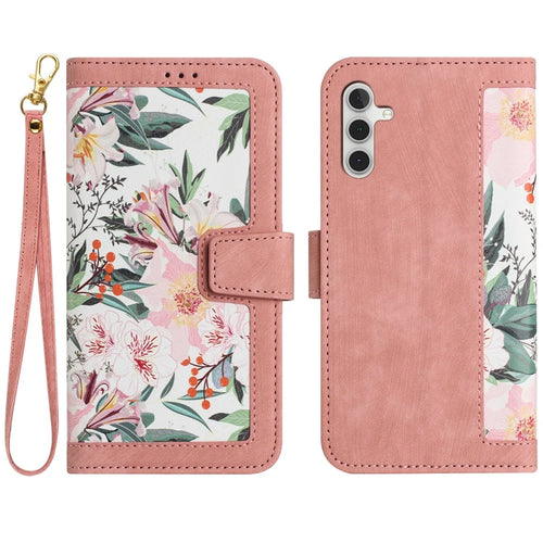 For Samsung Galaxy A14 4G / 5G Phone Case Flower Pattern Printing PU Leather Stand Cover with Card Holder - Pink - 1