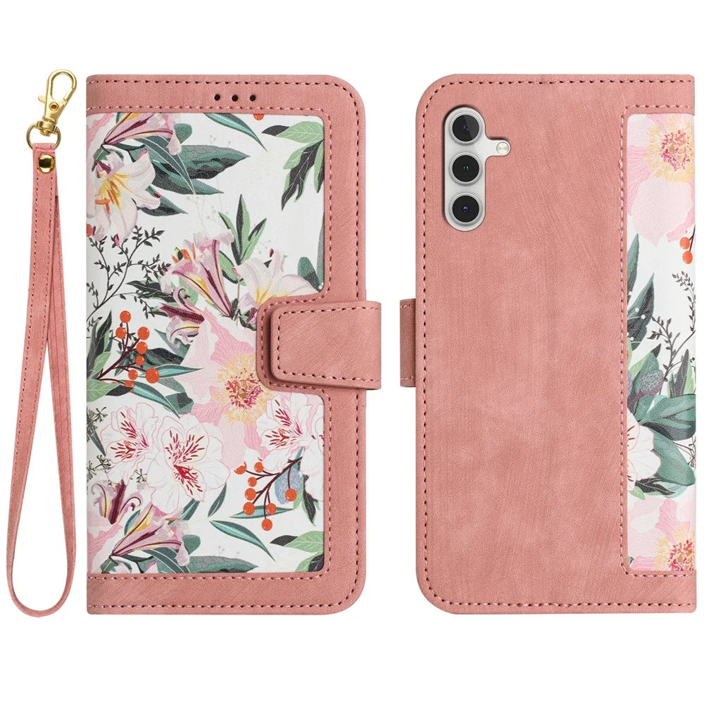 For Samsung Galaxy A14 4G / 5G Phone Case Flower Pattern Printing PU Leather Stand Cover with Card Holder - Pink - 1