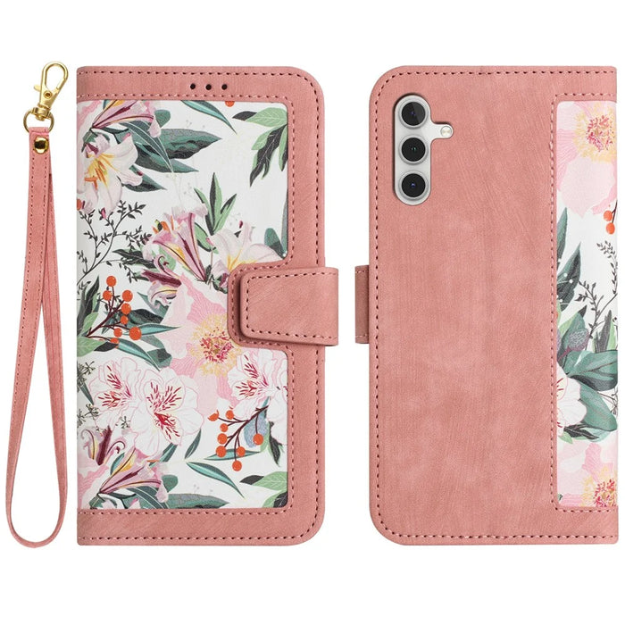 For Samsung Galaxy A14 4G / 5G Phone Case Flower Pattern Printing PU Leather Stand Cover with Card Holder - Pink - 1