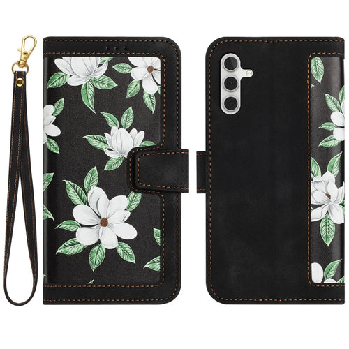 For Samsung Galaxy A34 5G Phone Case Flower Pattern Printing Stand Leather Cover with Card Slots - Black - 1