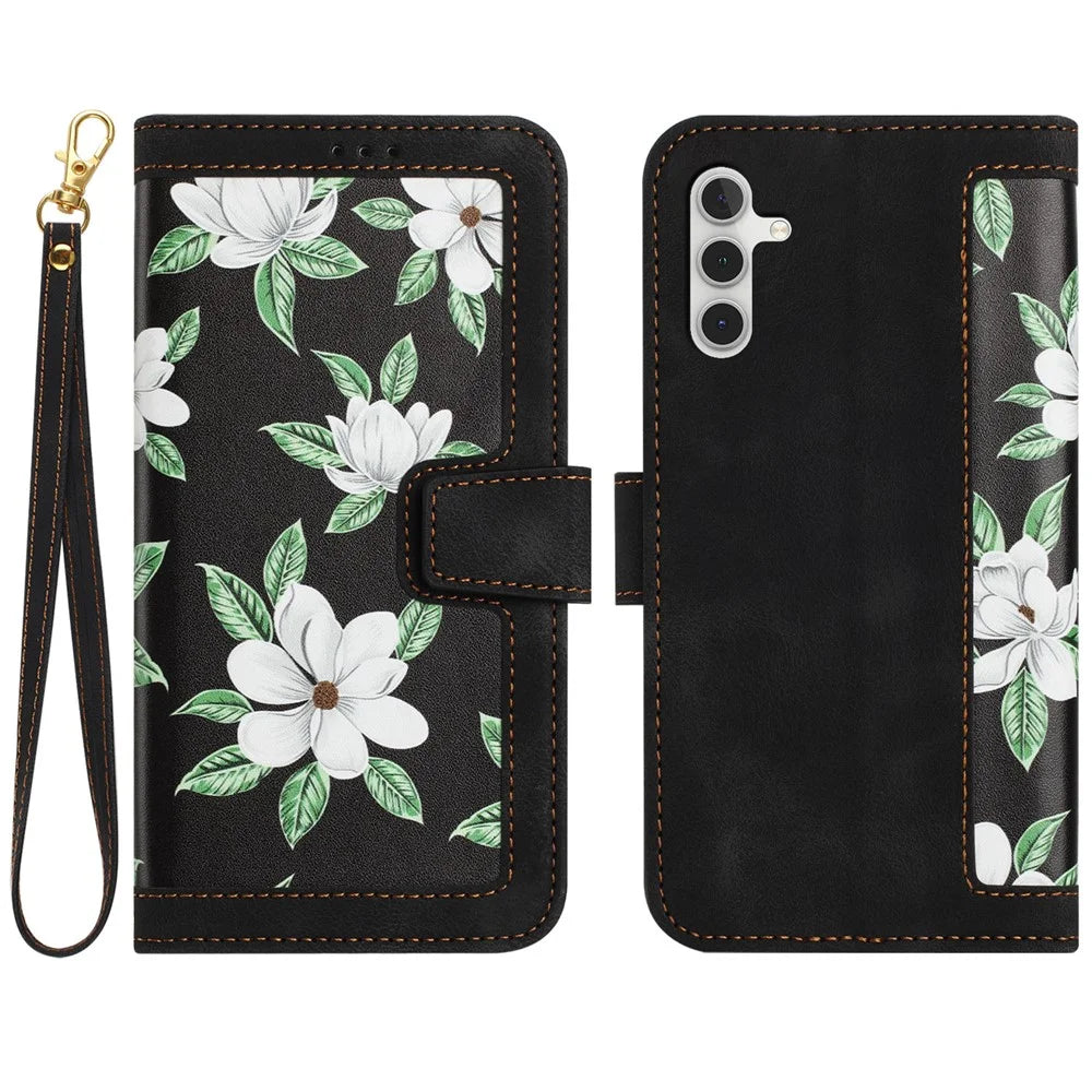 For Samsung Galaxy A34 5G Phone Case Flower Pattern Printing Stand Leather Cover with Card Slots - Black - 1