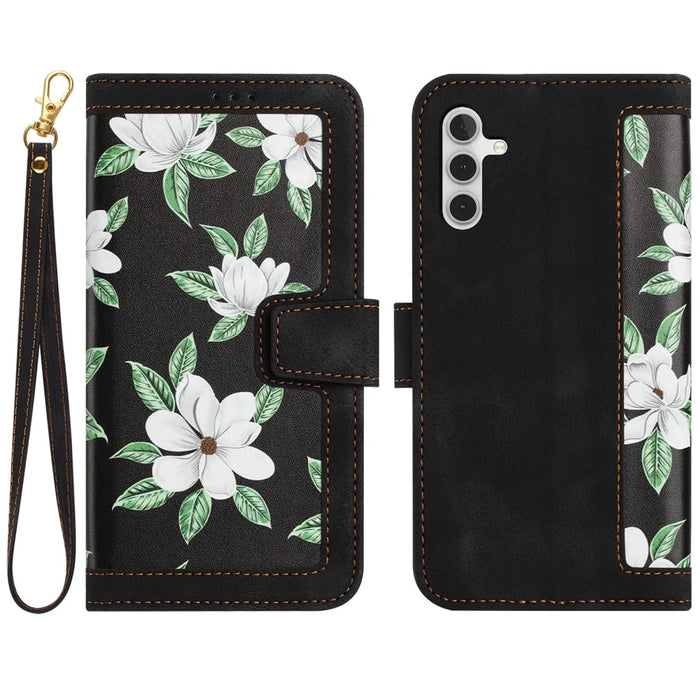 For Samsung Galaxy A34 5G Phone Case Flower Pattern Printing Stand Leather Cover with Card Slots - Black - 1