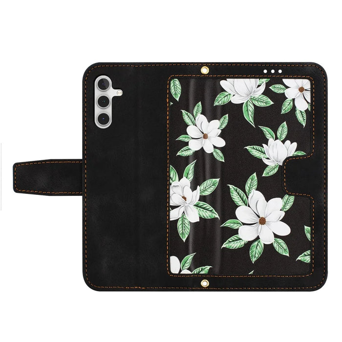 For Samsung Galaxy A34 5G Phone Case Flower Pattern Printing Stand Leather Cover with Card Slots - Black - 5