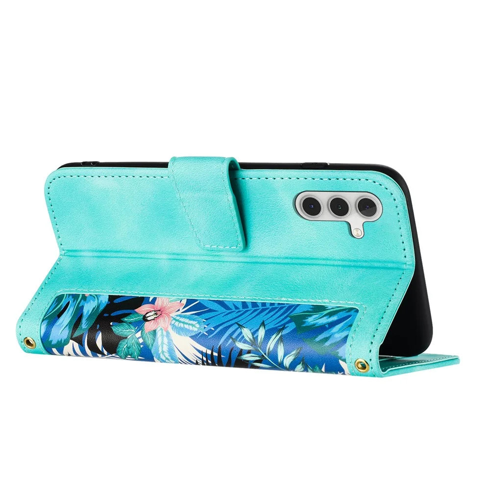 For Samsung Galaxy A53 5G Flower Pattern Printing Phone Stand Case Card Holder Leather Cover - Green - 3