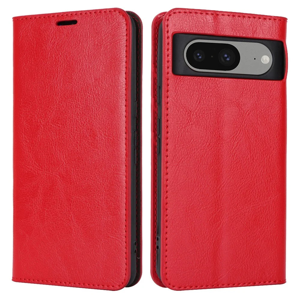 For Google Pixel 8 Flip Stand Wallet Crazy Horse Texture Cover Genuine Cow Leather Phone Case - Red - 1