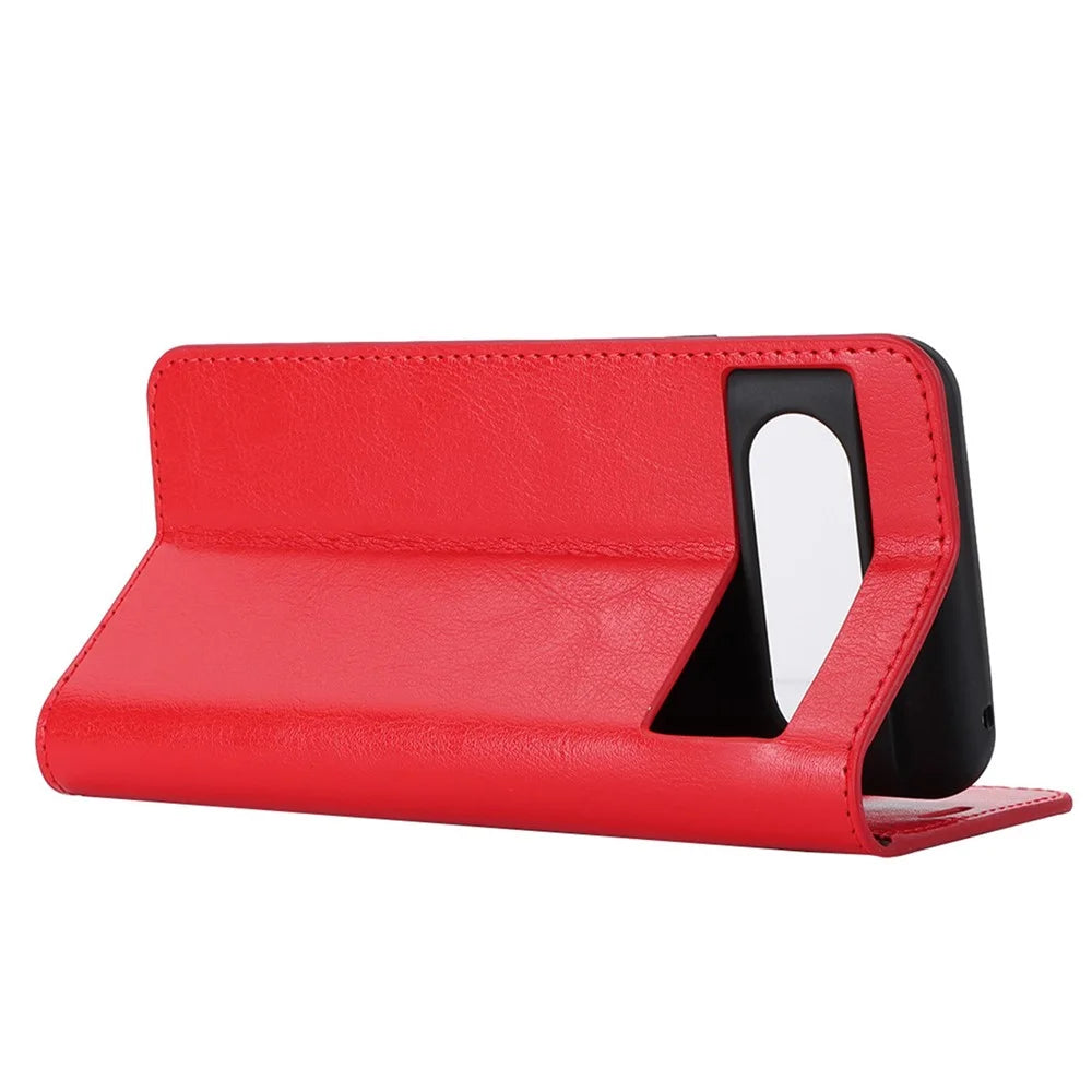 For Google Pixel 8 Flip Stand Wallet Crazy Horse Texture Cover Genuine Cow Leather Phone Case - Red - 3