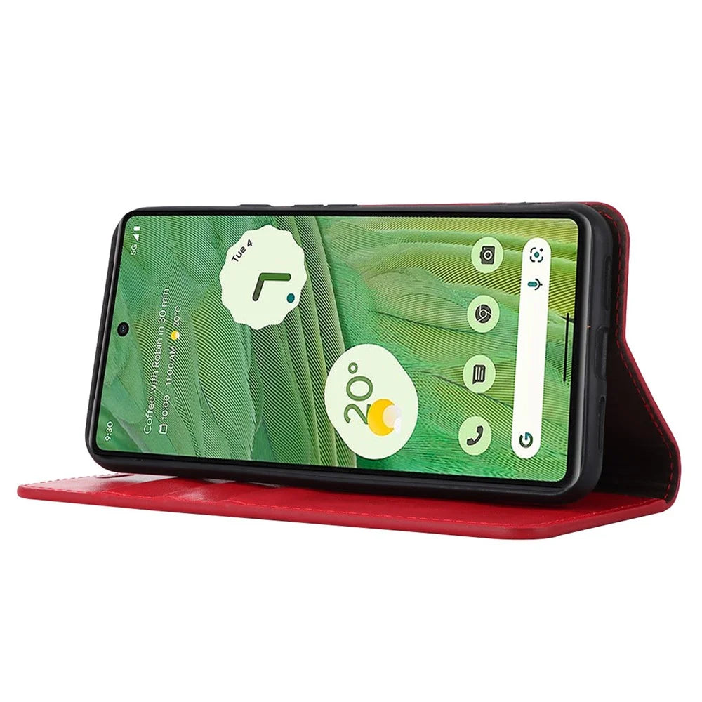 For Google Pixel 8 Flip Stand Wallet Crazy Horse Texture Cover Genuine Cow Leather Phone Case - Red - 4