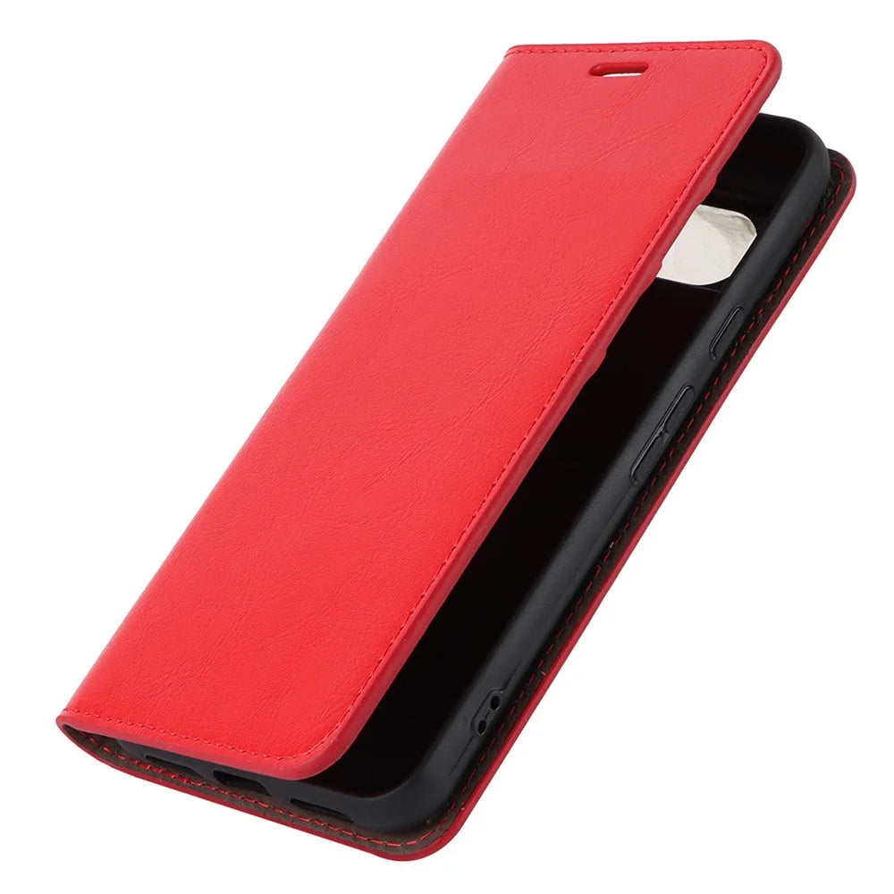 For Google Pixel 8 Flip Stand Wallet Crazy Horse Texture Cover Genuine Cow Leather Phone Case - Red - 6