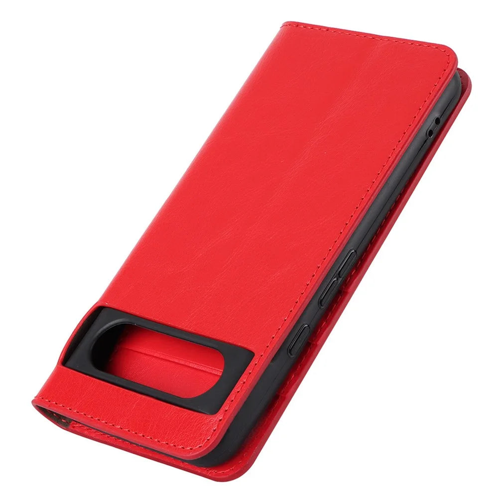 For Google Pixel 8 Flip Stand Wallet Crazy Horse Texture Cover Genuine Cow Leather Phone Case - Red - 7