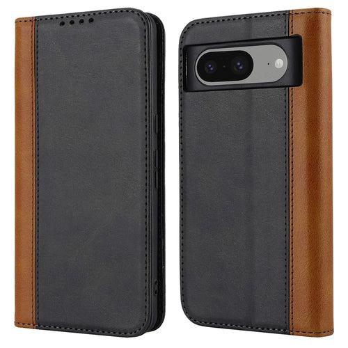 For Google Pixel 8 PU Leather Phone Case Bi-color Splicing Stand Wallet Cover - Black+Yellow - 1