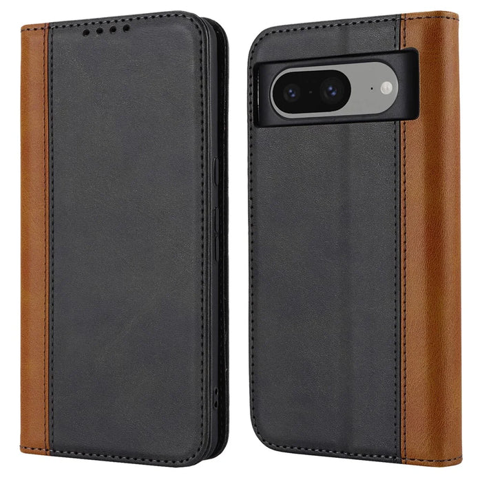 For Google Pixel 8 PU Leather Phone Case Bi-color Splicing Stand Wallet Cover - Black+Yellow - 1