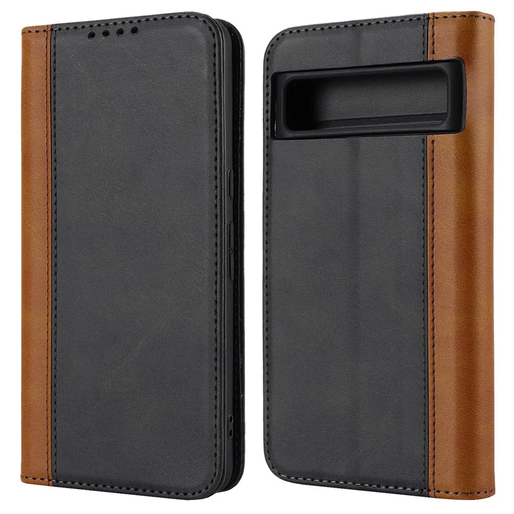 For Google Pixel 8 Pro PU Leather Wallet Phone Case Bi-color Splicing Anti-drop Stand Cover - Black+Yellow - 1