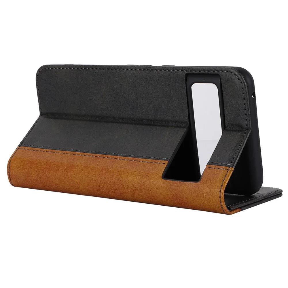 For Google Pixel 8 Pro PU Leather Wallet Phone Case Bi-color Splicing Anti-drop Stand Cover - Black+Yellow - 3