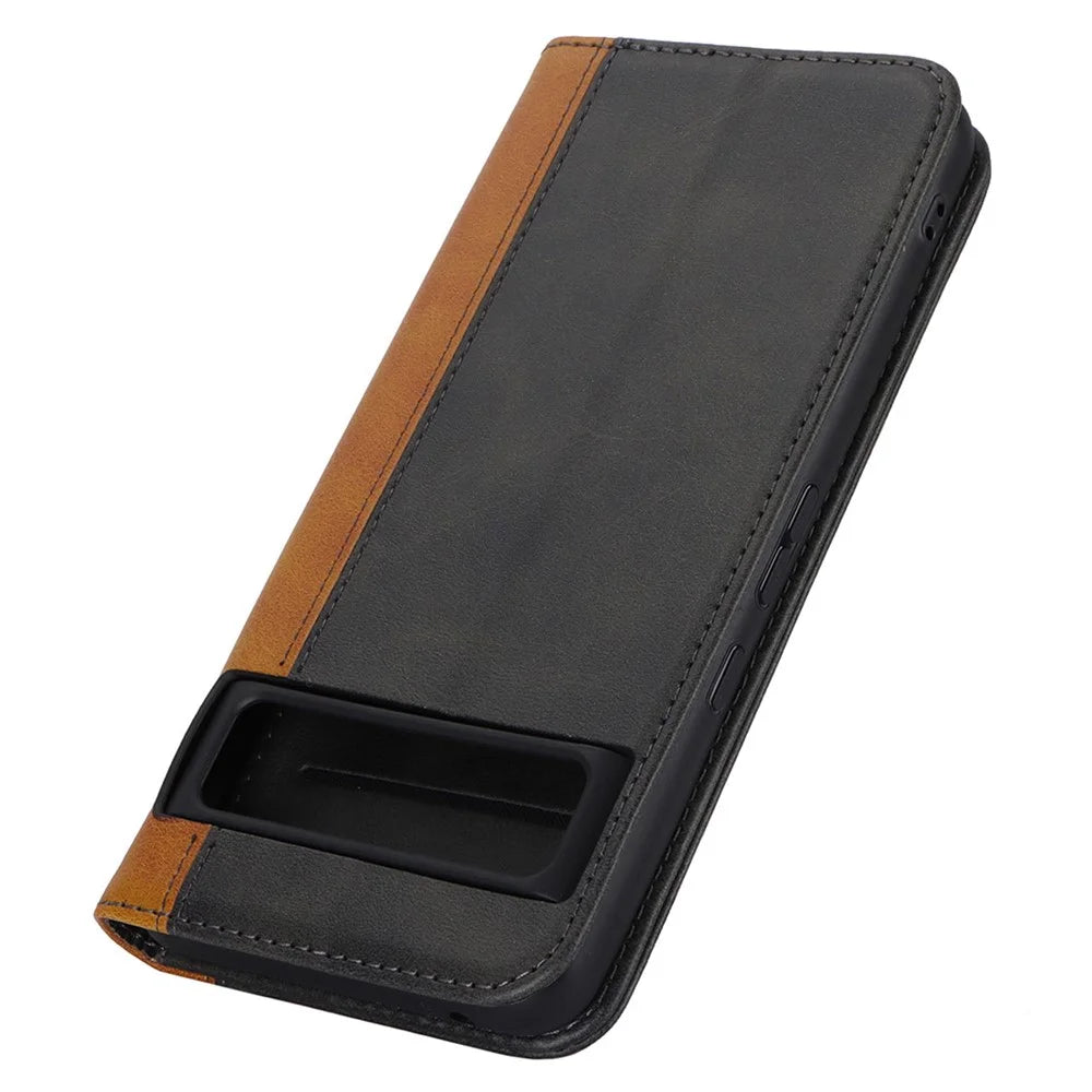 For Google Pixel 8 Pro PU Leather Wallet Phone Case Bi-color Splicing Anti-drop Stand Cover - Black+Yellow - 6