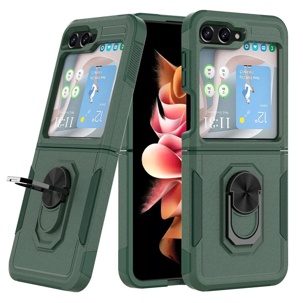 For Samsung Galaxy Z Flip5 5G Metal Ring Holder Kickstand Case PC+TPU Shockproof Phone Cover - Dark Green - 1