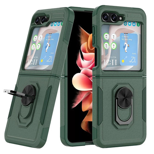 For Samsung Galaxy Z Flip5 5G Metal Ring Holder Kickstand Case PC+TPU Shockproof Phone Cover - Dark Green - 1