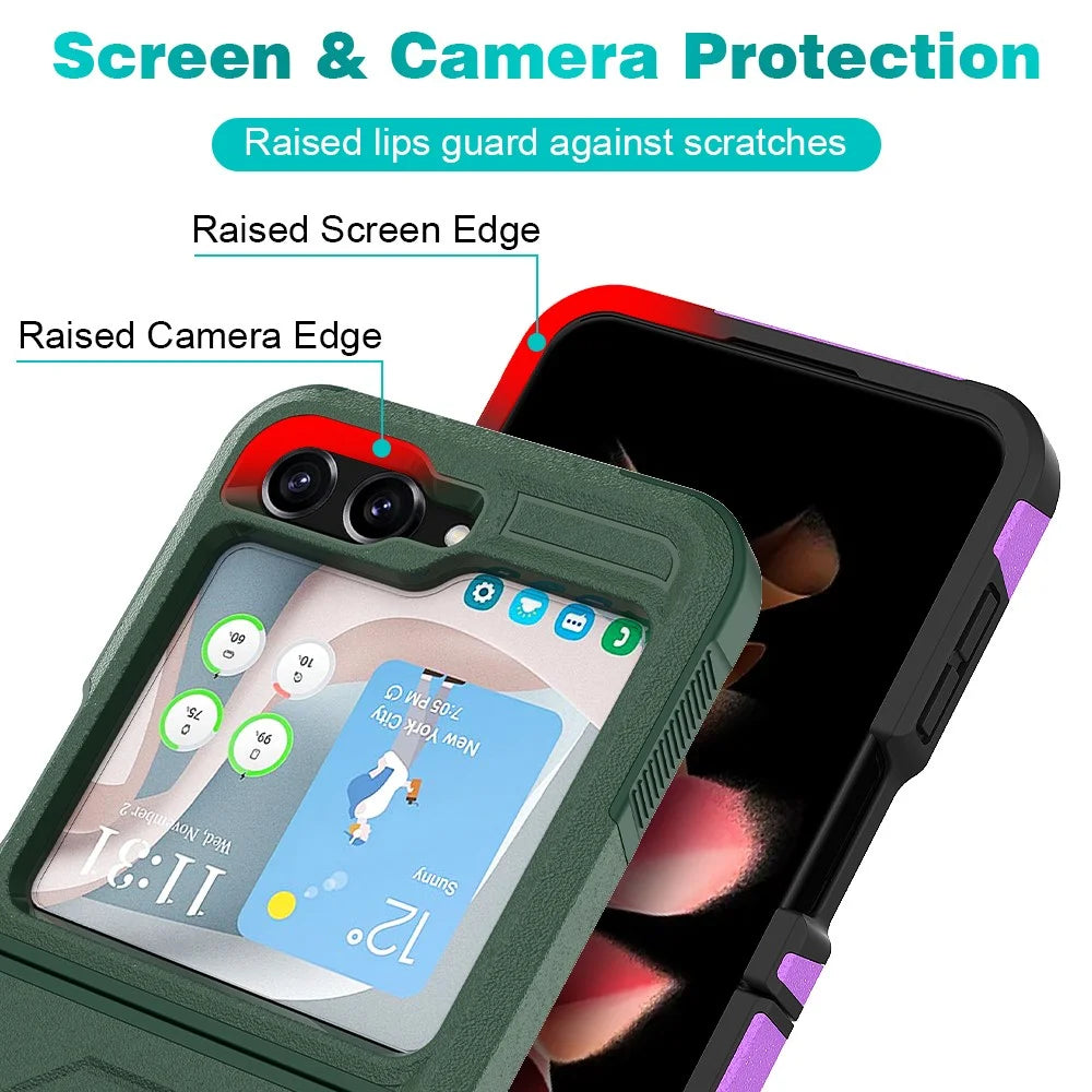 For Samsung Galaxy Z Flip5 5G Metal Ring Holder Kickstand Case PC+TPU Shockproof Phone Cover - Dark Green - 2
