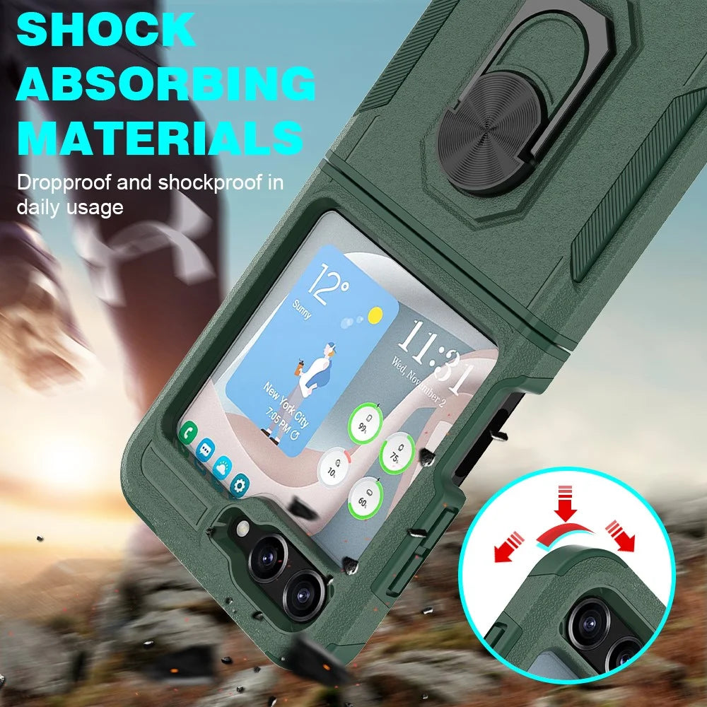 For Samsung Galaxy Z Flip5 5G Metal Ring Holder Kickstand Case PC+TPU Shockproof Phone Cover - Dark Green - 3