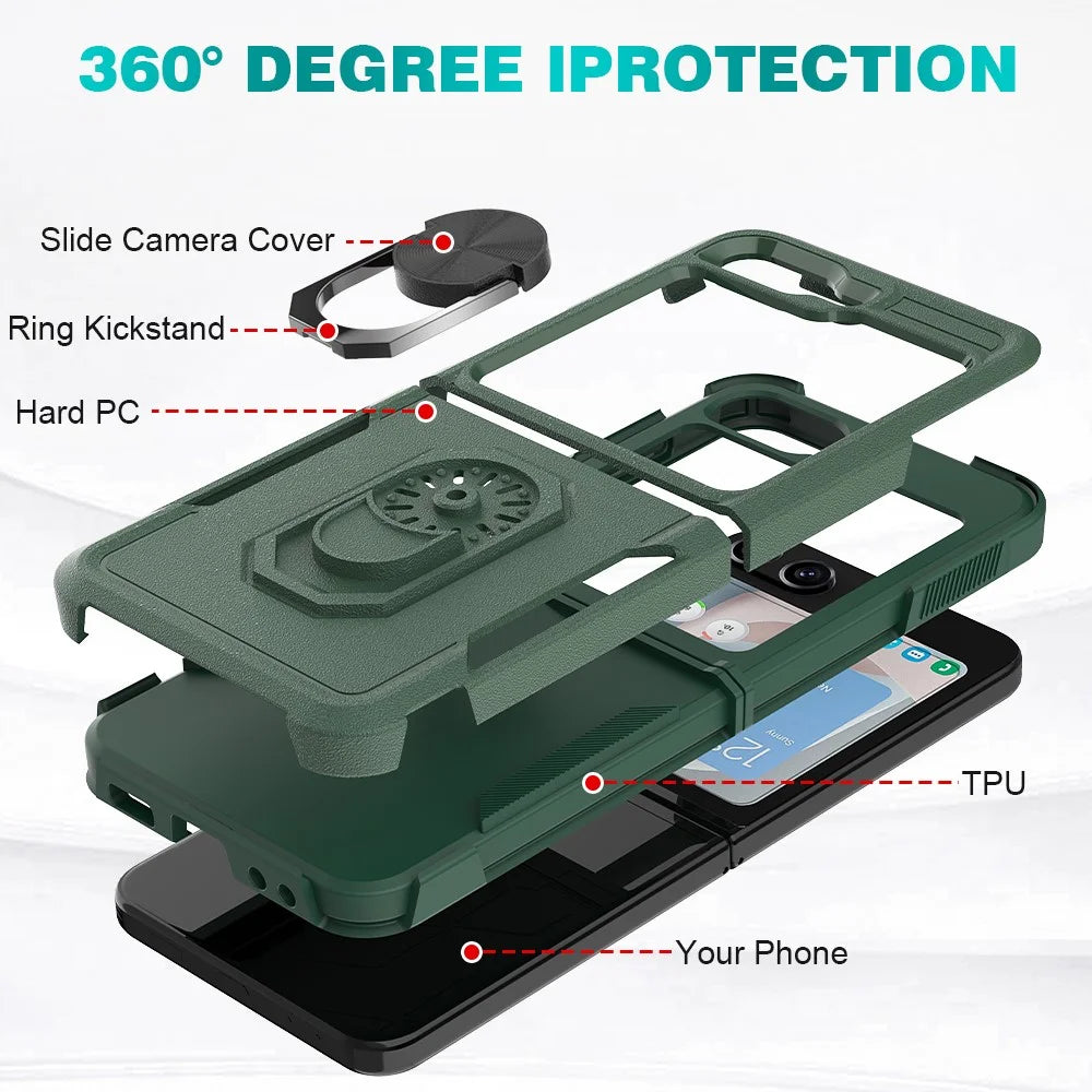 For Samsung Galaxy Z Flip5 5G Metal Ring Holder Kickstand Case PC+TPU Shockproof Phone Cover - Dark Green - 4