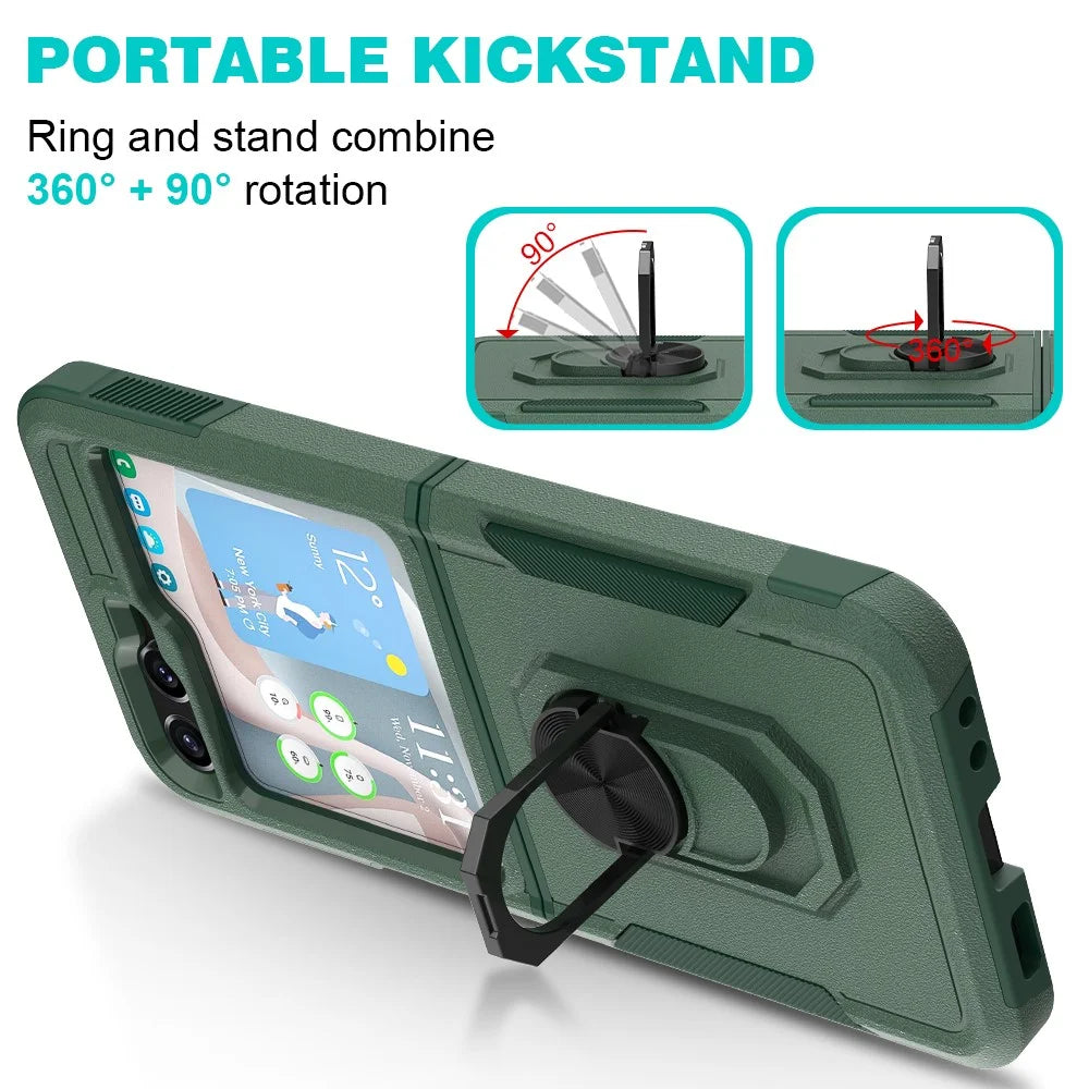 For Samsung Galaxy Z Flip5 5G Metal Ring Holder Kickstand Case PC+TPU Shockproof Phone Cover - Dark Green - 5
