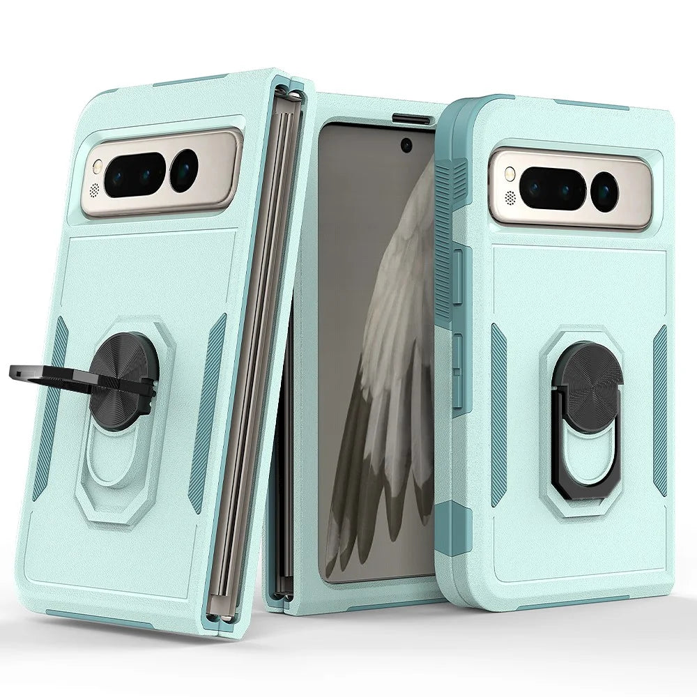 Shockproof Case for Google Pixel Fold Ring Kickstand Cover PC+TPU Hybrid Phone Case - Mint Green - 1