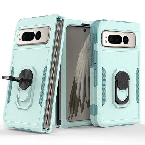 Shockproof Case for Google Pixel Fold Ring Kickstand Cover PC+TPU Hybrid Phone Case - Mint Green - 1