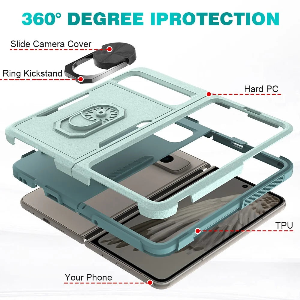 Shockproof Case for Google Pixel Fold Ring Kickstand Cover PC+TPU Hybrid Phone Case - Mint Green - 2
