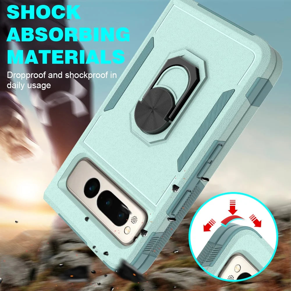 Shockproof Case for Google Pixel Fold Ring Kickstand Cover PC+TPU Hybrid Phone Case - Mint Green - 3