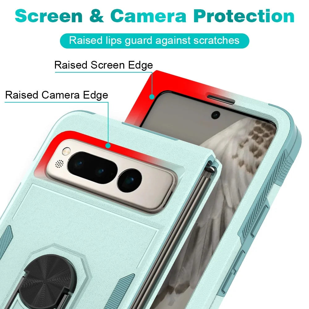 Shockproof Case for Google Pixel Fold Ring Kickstand Cover PC+TPU Hybrid Phone Case - Mint Green - 4