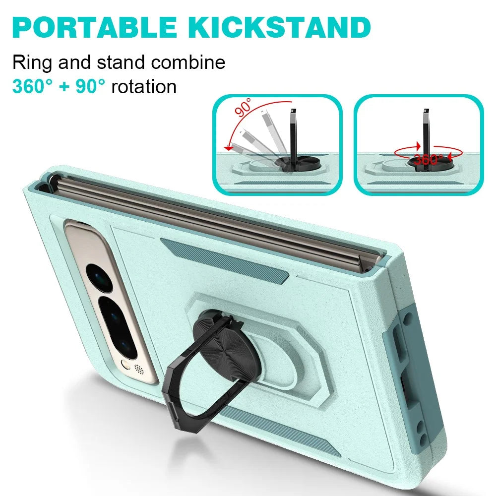Shockproof Case for Google Pixel Fold Ring Kickstand Cover PC+TPU Hybrid Phone Case - Mint Green - 5