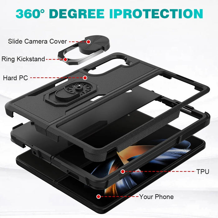 Shockproof Case for Samsung Galaxy Z Fold5 5G Ring Kickstand Cover PC+TPU Hybrid Phone Case - Black - 3