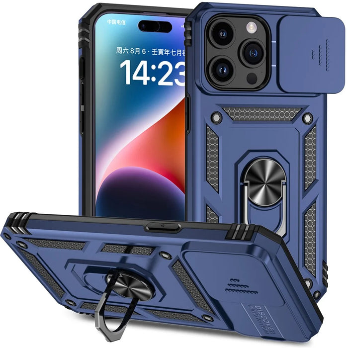 For iPhone 15 Pro Max Slide Camera Protector Phone Case Metal Ring Kickstand Anti-scratch PC + TPU Cover - Blue - 1
