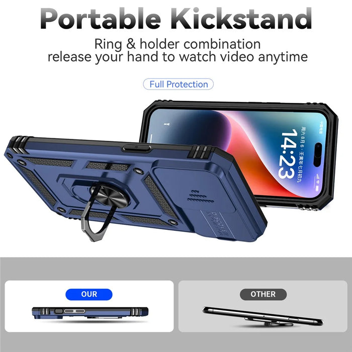 For iPhone 15 Pro Max Slide Camera Protector Phone Case Metal Ring Kickstand Anti-scratch PC + TPU Cover - Blue - 2