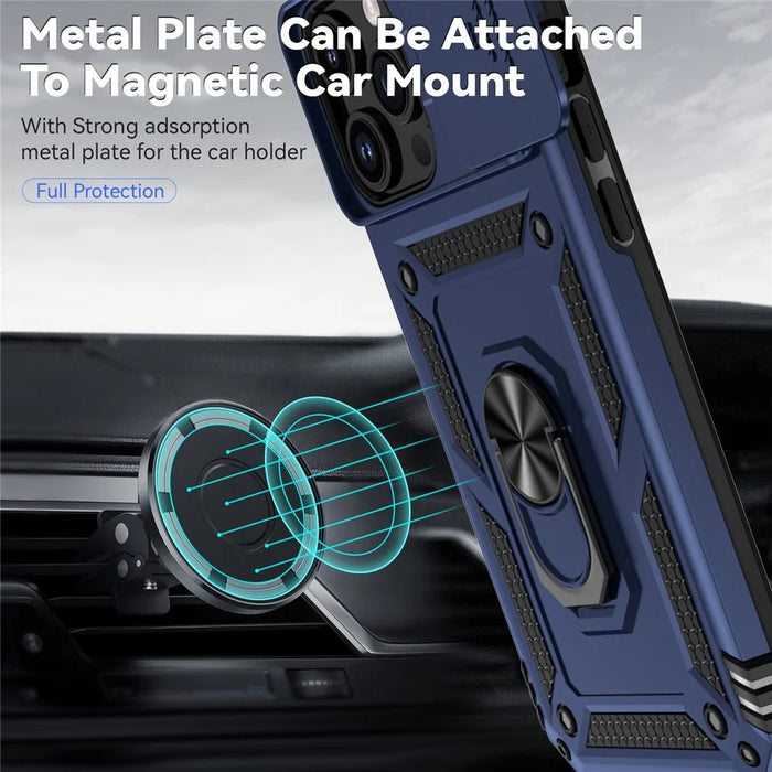 For iPhone 15 Pro Max Slide Camera Protector Phone Case Metal Ring Kickstand Anti-scratch PC + TPU Cover - Blue - 3