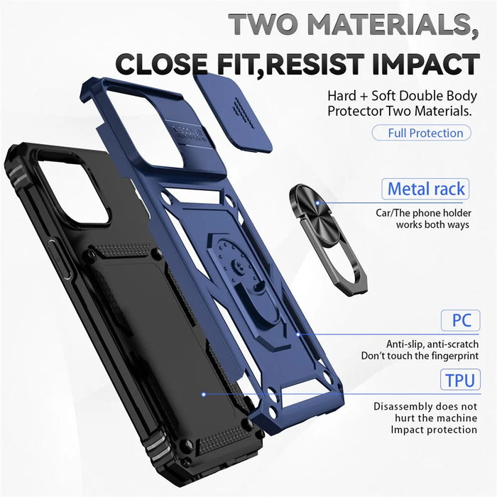 For iPhone 15 Pro Max Slide Camera Protector Phone Case Metal Ring Kickstand Anti-scratch PC + TPU Cover - Blue - 4