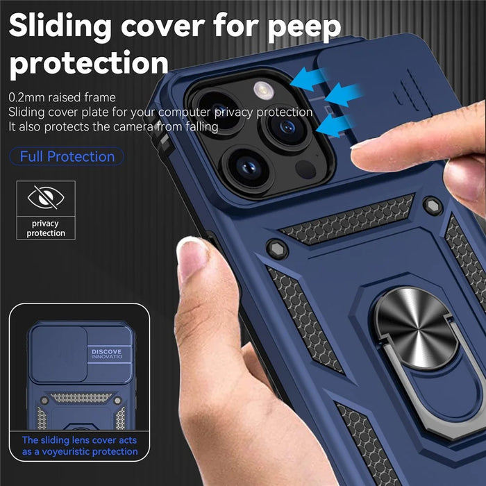 For iPhone 15 Pro Max Slide Camera Protector Phone Case Metal Ring Kickstand Anti-scratch PC + TPU Cover - Blue - 5