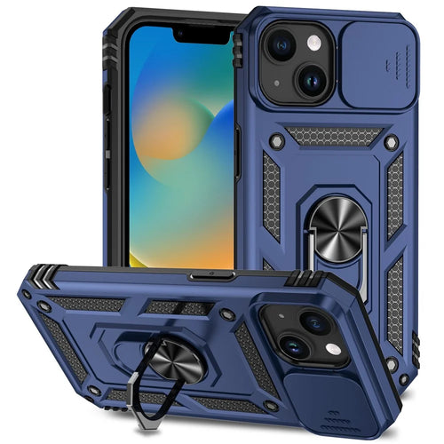 Phone Case for iPhone 15 Slide Camera Protector Metal Ring Kickstand Anti-scratch PC + TPU Cover - Blue - 1