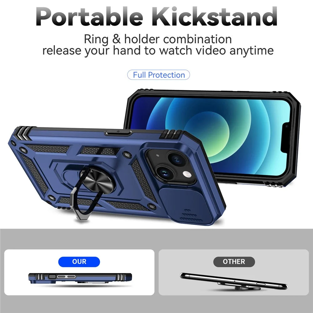 Phone Case for iPhone 15 Slide Camera Protector Metal Ring Kickstand Anti-scratch PC + TPU Cover - Blue - 2