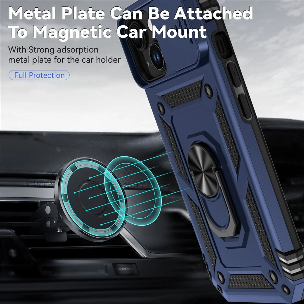 Phone Case for iPhone 15 Slide Camera Protector Metal Ring Kickstand Anti-scratch PC + TPU Cover - Blue - 3