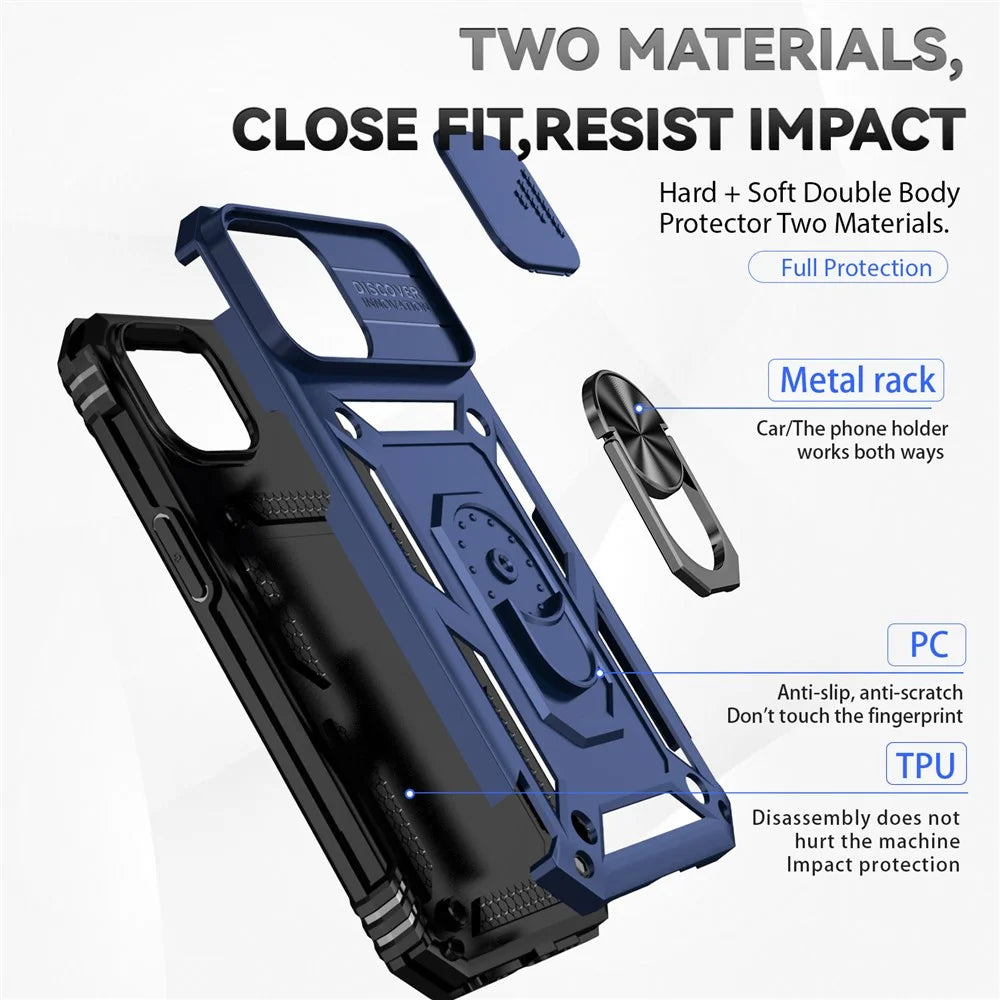 Phone Case for iPhone 15 Slide Camera Protector Metal Ring Kickstand Anti-scratch PC + TPU Cover - Blue - 4
