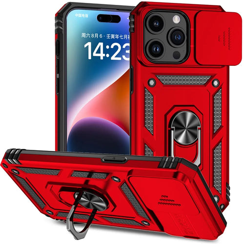 For iPhone 15 Pro Slide Camera Protector Phone Case Metal Ring Kickstand PC + TPU Drop-proof Cover - Red - 1