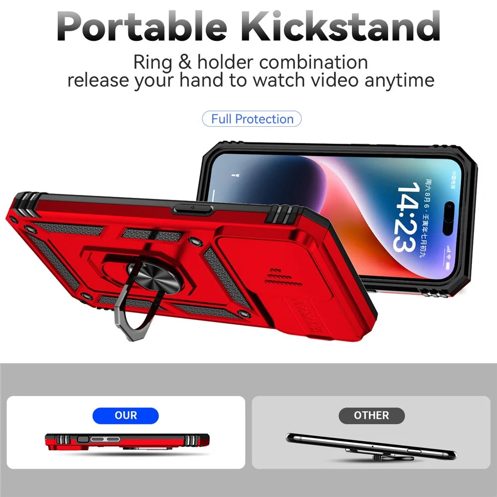 For iPhone 15 Pro Slide Camera Protector Phone Case Metal Ring Kickstand PC + TPU Drop-proof Cover - Red - 2