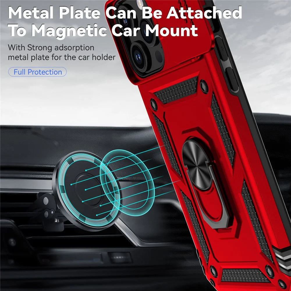 For iPhone 15 Pro Slide Camera Protector Phone Case Metal Ring Kickstand PC + TPU Drop-proof Cover - Red - 3