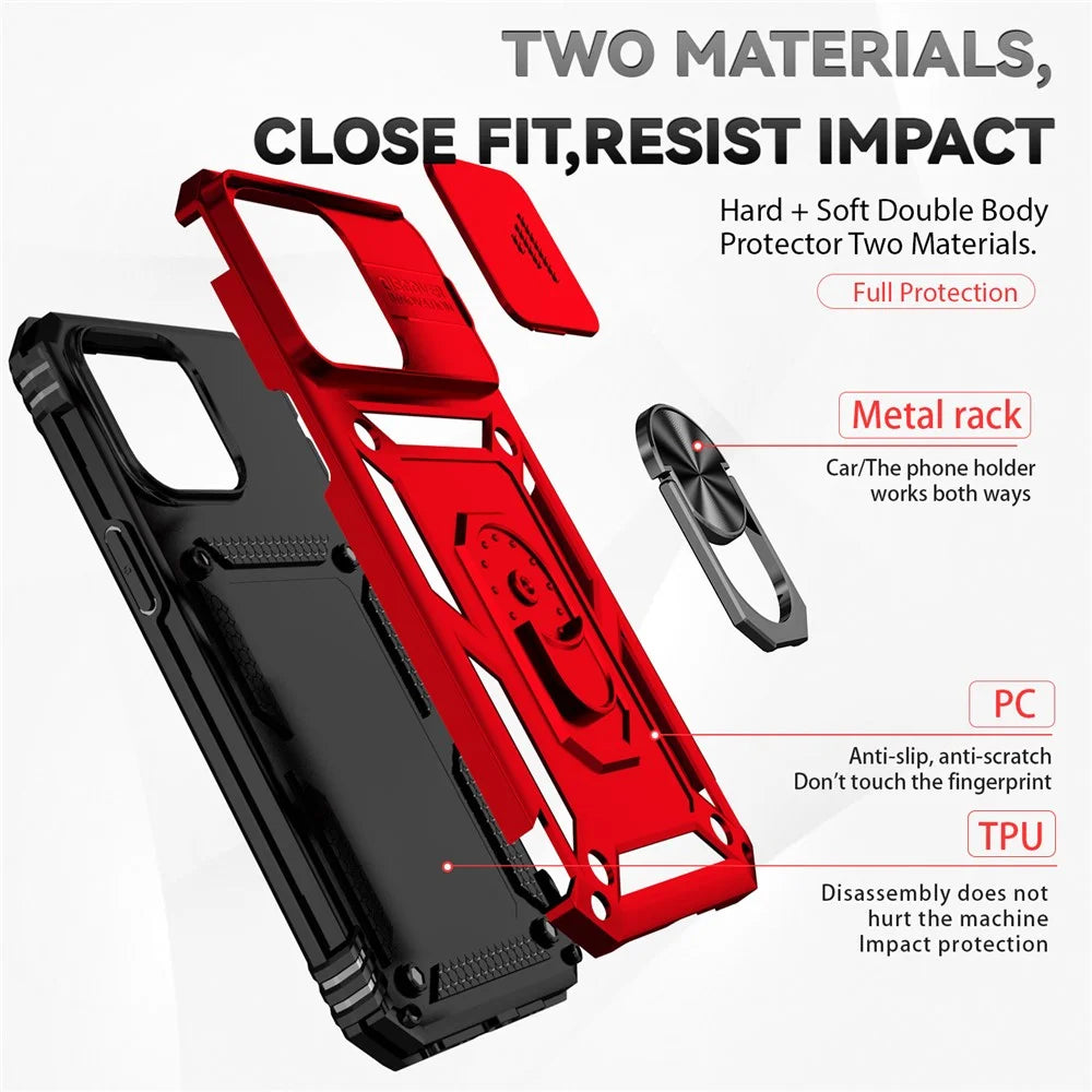 For iPhone 15 Pro Slide Camera Protector Phone Case Metal Ring Kickstand PC + TPU Drop-proof Cover - Red - 4