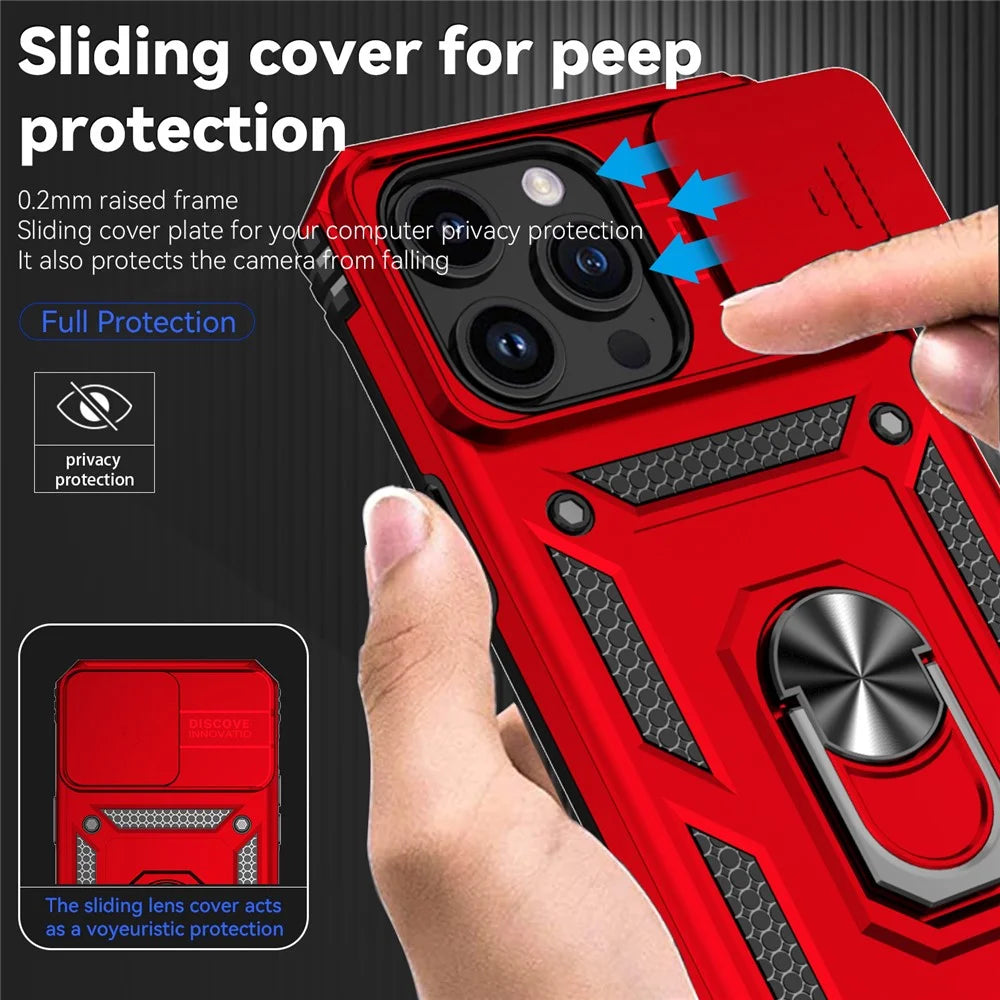 For iPhone 15 Pro Slide Camera Protector Phone Case Metal Ring Kickstand PC + TPU Drop-proof Cover - Red - 5