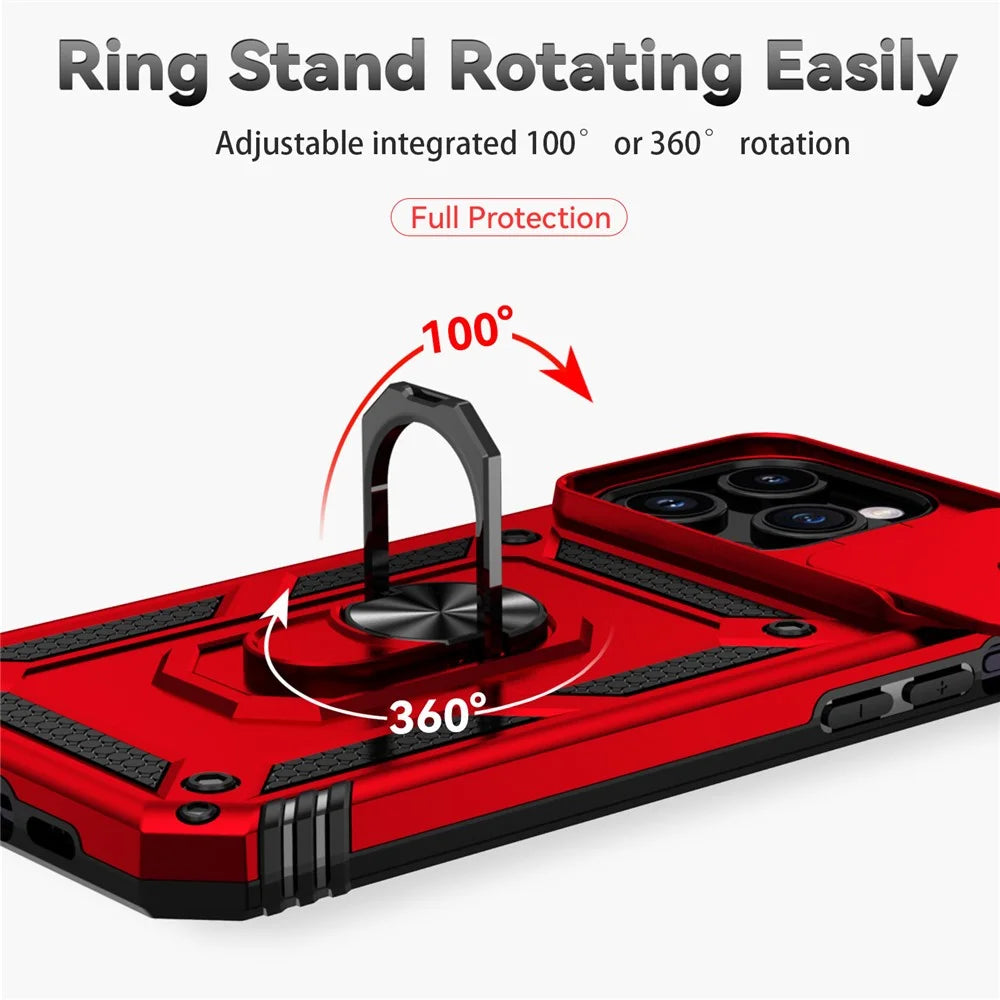 For iPhone 15 Pro Slide Camera Protector Phone Case Metal Ring Kickstand PC + TPU Drop-proof Cover - Red - 6