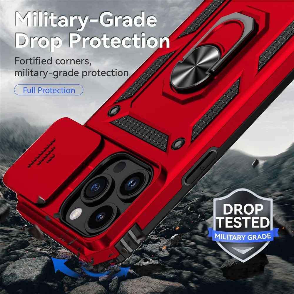 For iPhone 15 Pro Slide Camera Protector Phone Case Metal Ring Kickstand PC + TPU Drop-proof Cover - Red - 7